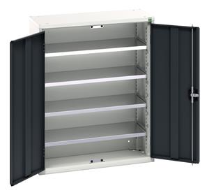 Verso storage bin cupboard with 4 shelves, 20 bins. WxDxH: 800x350x1000mm. RAL 7035/5010 or selected Bott Verso Basic Tool Cupboards Cupboard with shelves